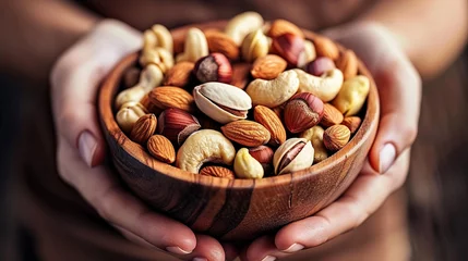 Fotobehang Woman hands holding a wooden bowl with mixed nuts. Healthy food and snack. Walnut, pistachios, almonds, hazelnuts and cashews. copy space. © Naknakhone