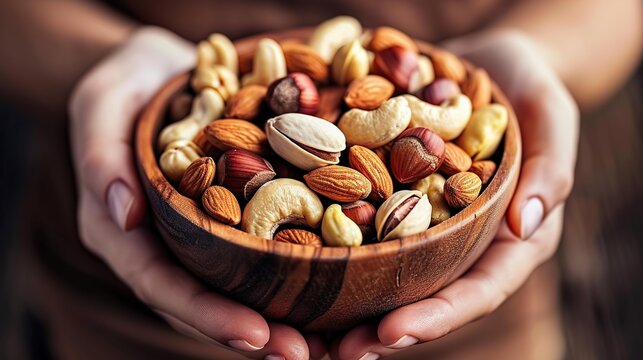 Woman hands holding a wooden bowl with mixed nuts. Healthy food and snack. Walnut, pistachios, almonds, hazelnuts and cashews. copy space.