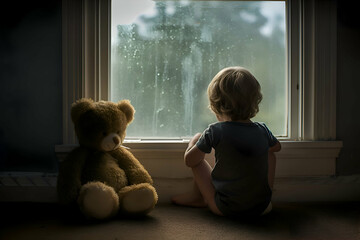 A kid sitting with bear doll alone waiting for parent to come home. - obrazy, fototapety, plakaty
