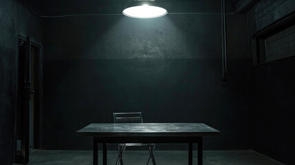 Dark, gritty interrogation room with single bright light overhead in a police station - obrazy, fototapety, plakaty