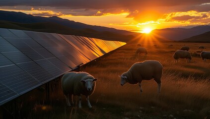 Sheep against the sunset and solar panels. Renewable energy and agriculture concept.