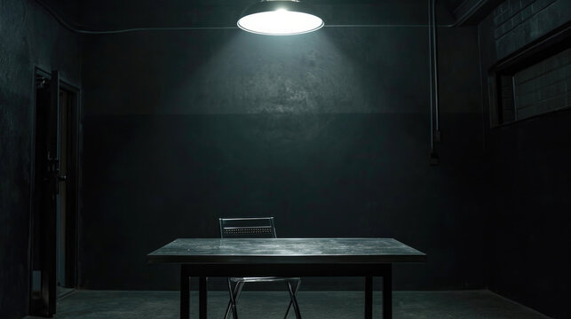 Dark, gritty interrogation room with single bright light overhead in a police station