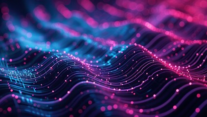 Blue and pink neon waves with dotted lights. Network technology concept. - obrazy, fototapety, plakaty