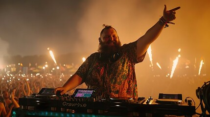 "Beats & Bliss: Bearded Chubby DJ Commanding the Stage at a Grand Music Festival, One Hand Raised, the Other on the Mixer, Captured by a Sony A9 Camera, Nighttime Spectacle with Lasers, Fire Effects"
