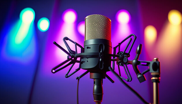 Mic Mastery: Studio Microphone Set Against a Dramatic Spotlight Ensemble"