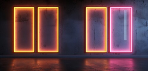 A set of empty frame mockups with illuminated neon borders, creating a vibrant display on a dark wall