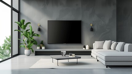 A sleek, wall-mounted blank television in a minimalist living room with a modern sofa and coffee table