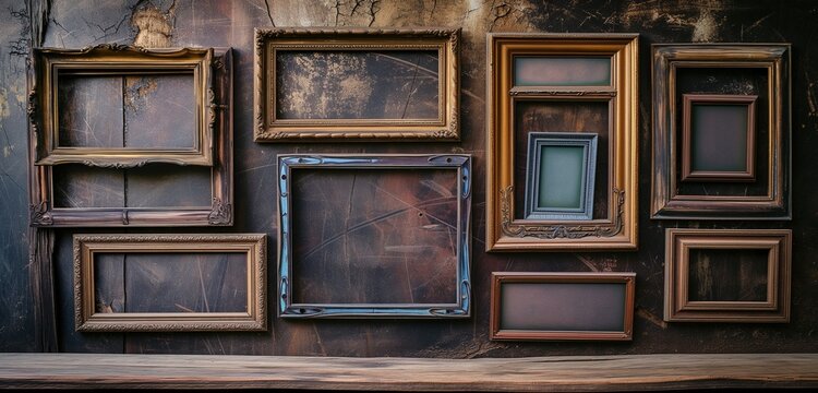 A set of vintage empty frame mockups, each with unique textures and finishes, on a rustic wall.