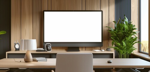A widescreen blank monitor screen with an ultra-wide aspect ratio, set in a luxurious, modern office.