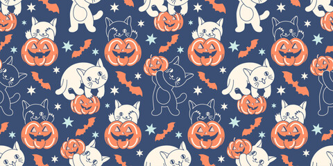 Mischief Halloween seamless wallpaper background. Funny cats and pumpkins as Day of the Dead concept. Backdrop with naughty kittens. Feline print for Halloween wrapping paper or fabric.