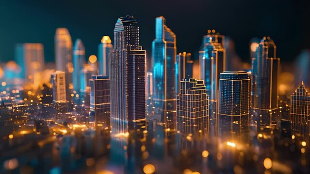 A hologram of a city skyline brings to life an investors diversified portfolio with buildings representing different stocks and ets.