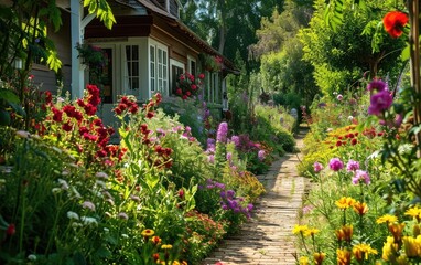 Fototapeta na wymiar Cottage Garden Bursting with a Rainbow of Blooms