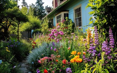 Fototapeta na wymiar Cottage Garden Adorned with a Kaleidoscope of Colors