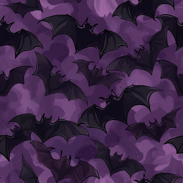 Motif répétitif halloween (seamless pattern) : petites chauves souris en illustration noires sur fond violet