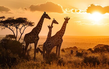 Family of Giraffes at Sunset