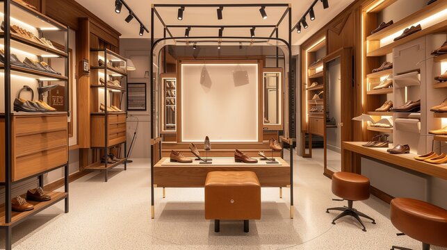An exclusive boutique for custom-made shoes with an empty frame for shoemaking techniques, displays of handmade shoes, and a fitting area