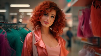 Naklejka na ściany i meble A beautiful happy red-haired woman on the background of a shopping mall. Lifestyle, Shopping concepts.