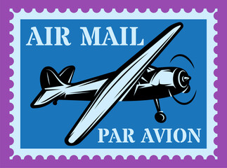 Air mail plane. Postage Stamp. Vector color template. Element for design