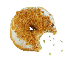 Bit of sweet donut with nut toppings