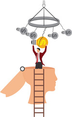 Finance Ideas Concept, bizarre businessman with open head catching the idea light bulb with dollar sign