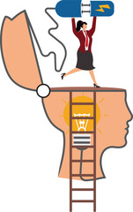 Businesswoman with electrical plug and socket plugging in the idea light bulb