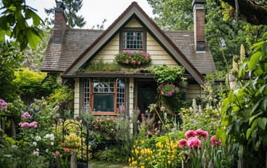 Fototapeta na wymiar Spring Cottage Appeal with Bountiful Blooms in Window Boxes