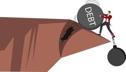 Businessman fighting against iron ball debt burden, almost falling off