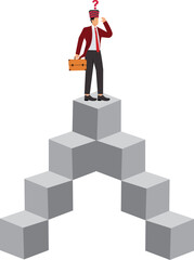 Businessman with top hat and briefcase climbed steps upwards and found there is no road ahead