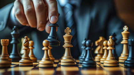a businessman strategically moving a chess in a competition game of chess, symbolizing business strategy and decision making.