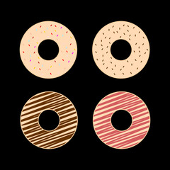 Donut with chocolate and sprinkles. Donut vector set isolated on a black background. 