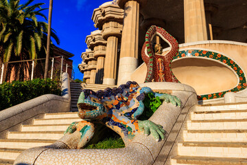 Multicolored mosaic dragon salamander of Gaudi in Park Guell, Barcelona, Spain