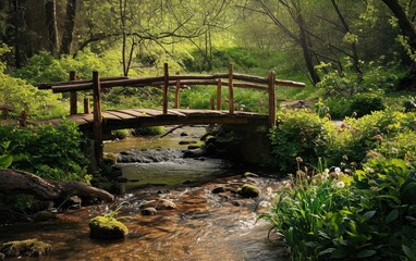 Fototapeta na wymiar Wooden Bridge Embracing the Essence of Spring Over a Gentle Stream
