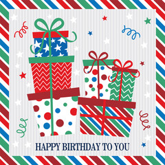 Happy birthday card design with colorful gifts