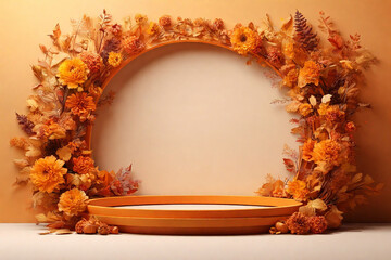 Naklejka na ściany i meble Podium for product display with autumn leaves on wall background. 3d render