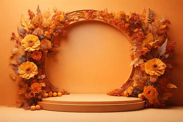 Podium for product presentation with autumn leaves and flowers on color background