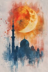 Eid Elegance, A Beautiful Watercolor Brush Texture Silhouette Featuring a Mosque, Crescent Moon, Capturing the Essence of Ramadan Kareem.