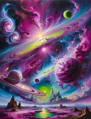 Unreal Cosmic Scenery - Celestial Bodies, Solar Wind, and Interstellar Clouds in a Surreal Oil Painting Gen AI