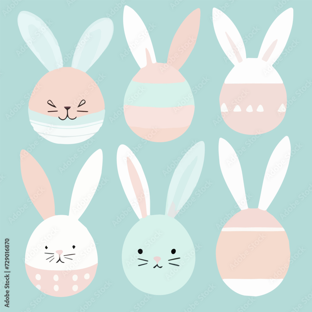 Wall mural posters with white bunny silhouettes, spring flowers and colored eggs. vector flat illustration. hol