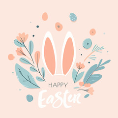 Fototapeta na wymiar Posters set with white bunny silhouettes, spring flowers and colored eggs. Vector flat illustration. Holiday banner, flyer or greeting voucher, brochure design template layout