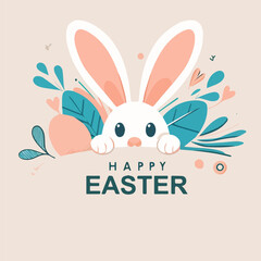 Posters with white bunny silhouettes, spring flowers and colored eggs. Vector flat illustration. Holiday banner, flyer or greeting voucher, brochure design template layout