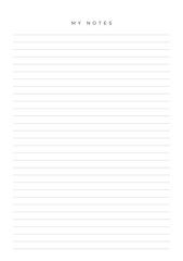 MY NOTES blank sheet of paper with straight parallel lines on white isolated background. Vector illustration.
