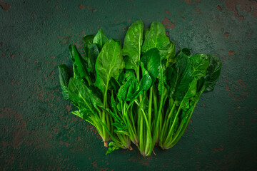 Bunch of fresh organic spinach on green background