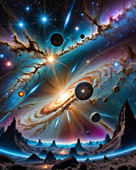 Ethereal Cosmic Symphony - Solar storm, Asteroid field, and Milky Way in a mesmerizing celestial dance Gen AI