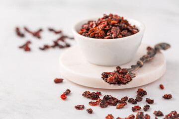 Pile of dried Berberis vulgaris, common barberry, European barberry or barberry.