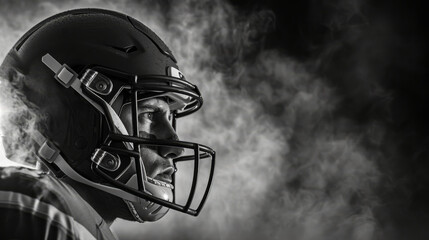 Black and White Image of a Focused Football Player Facing the Game with Determination and Intensity, Smoke Filled Background