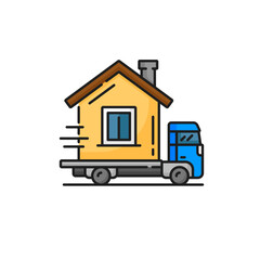 Real estate, house moving service linear color icon. Real estate rent, sale or mortgage, apartment insurance, home loan and purchase line vector icon or pictogram with truck moving house