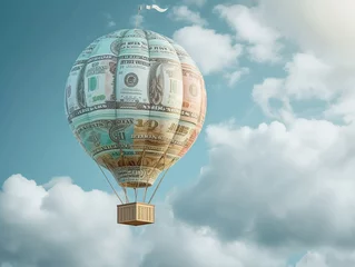 Fotobehang Imaginative representation of a hot air balloon made of currency, lifting off to symbolize the surge in financial growth and interest rates © 1st footage