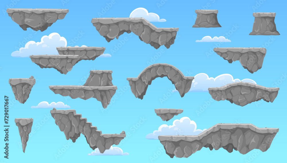 Poster cartoon rock stone game platforms. vector set of floating islands in cloudy sky, game level 2d desig