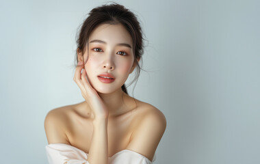 Beautiful young Asian woman, white, smooth, clean face. Studio atmosphere, advertising concept for cosmetics, spa, beauty clinic, Generative AI