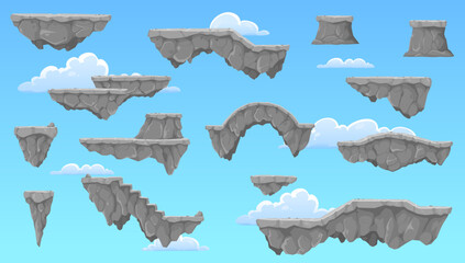 Cartoon rock stone game platforms. Vector set of floating islands in cloudy sky, game level 2d design. Ui nature locations, flying arches and stairs elements for jumping, pc or mobile arcade graphics